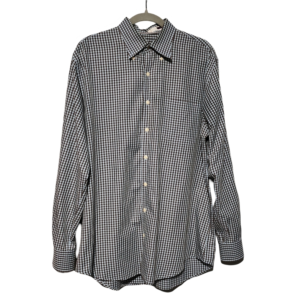 PETER MILLAR Button Down Shirt Mens Large Blue Brown Gingham 100% Cotton Preppy